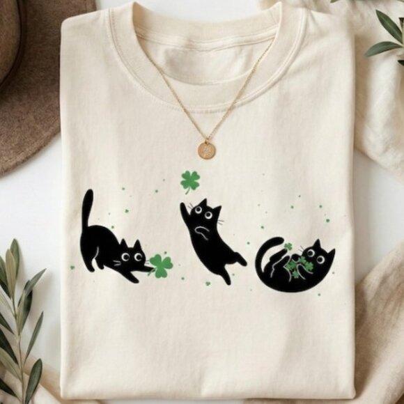 Tops - St. Patrick's Day Cat T-Shirt, Lucky Clover Graphic Tee